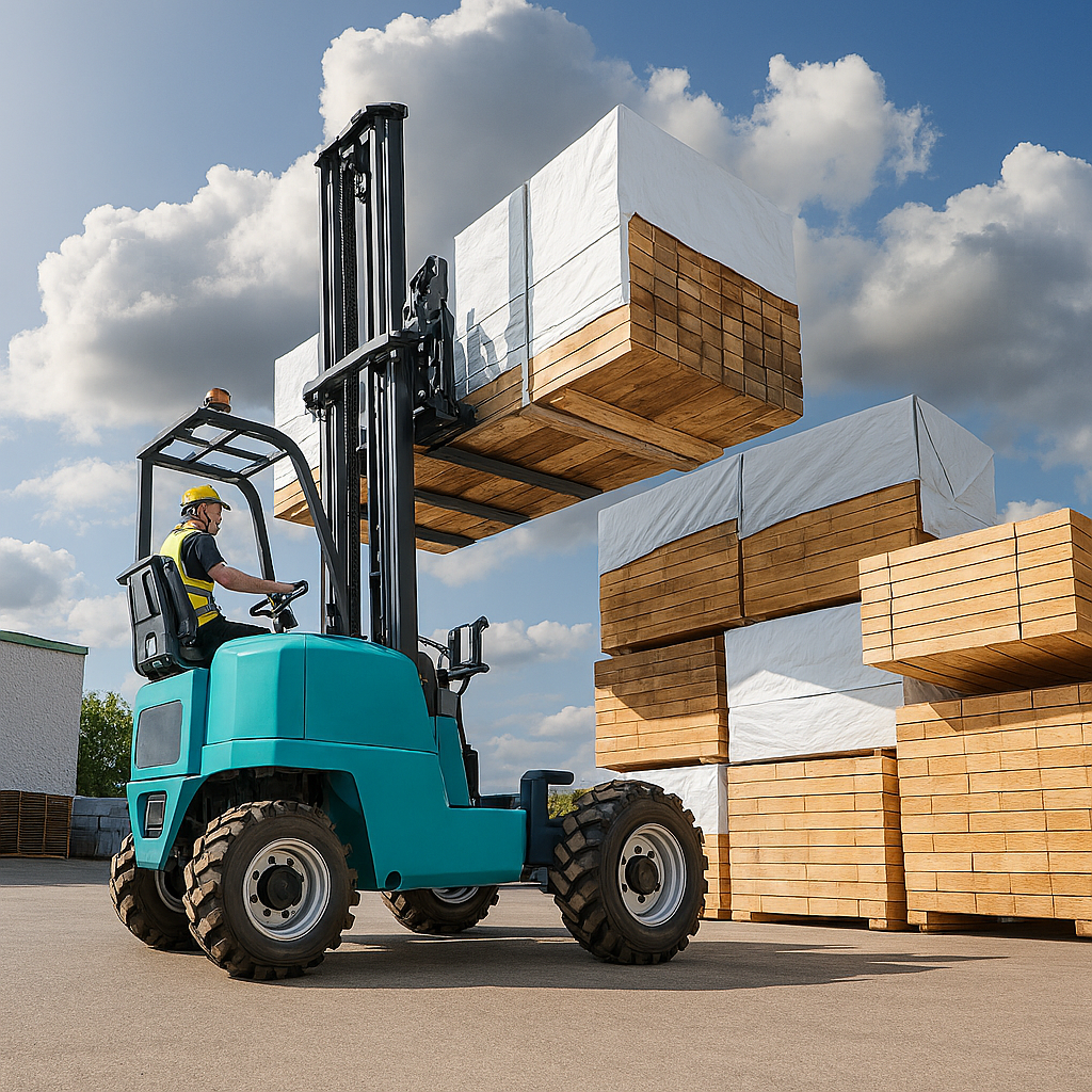 Forklift engaged in lifting a load — visually strong and showcases the forklift functionality well.